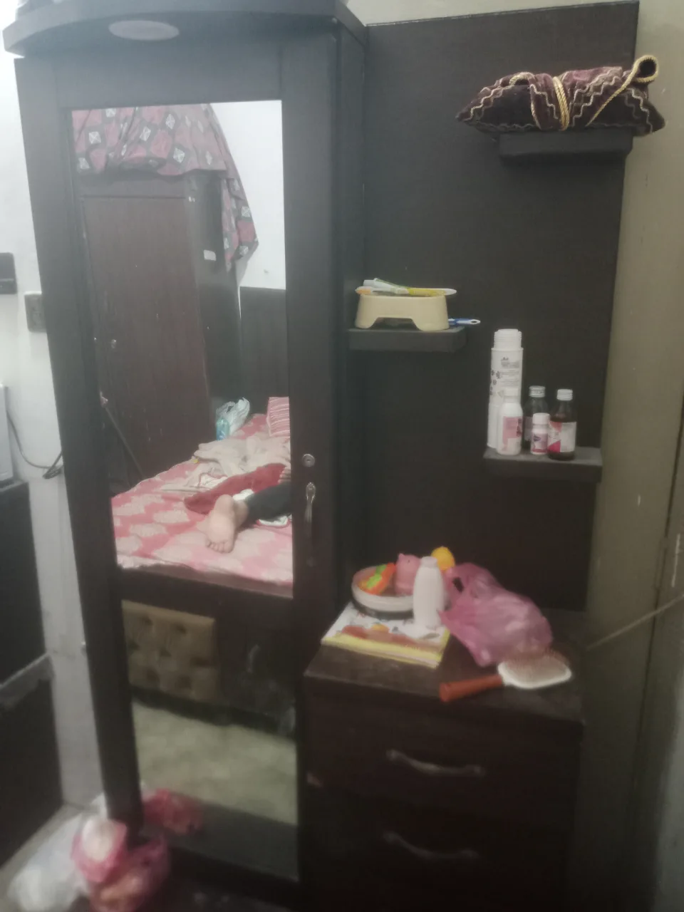 Used Wooden Dressing Table with Large Mirror and Drawers
